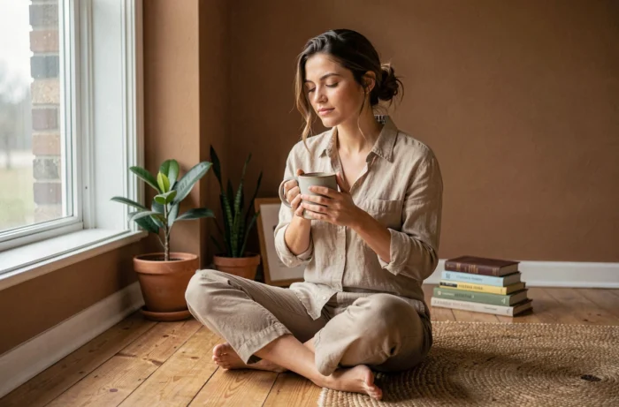 Femme épanouie savourant un moment de calme chez elle avec une tasse de thé, illustrant la beauté du quotidien