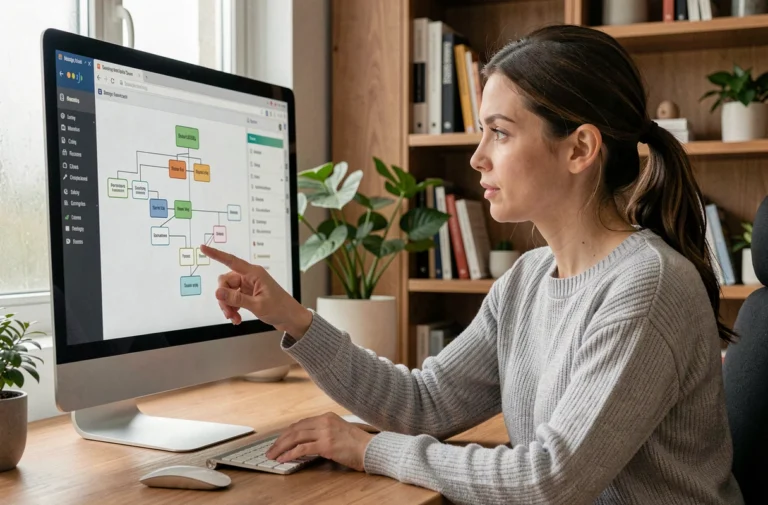 Femme naviguant sur un plan de site structuré affiché sur un écran d'ordinateur dans un bureau moderne