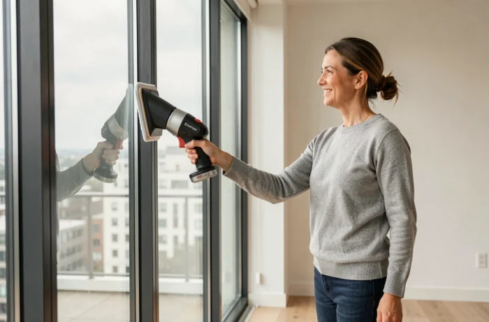Femme utilisant un nettoyeur de vitres Karcher WV2 Plus sur une grande baie vitrée dans un salon moderne