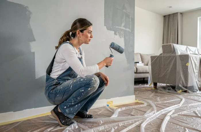 Femme peignant un mur en couleur dans un salon en cours de rénovation avec rouleau et ruban de masquage