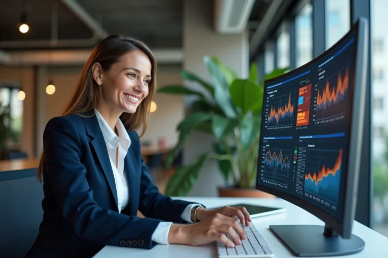 Femme professionnelle analysant des données de marketing digital sur un grand écran dans un bureau moderne