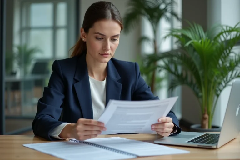 Une femme professionnelle dans un bureau de banque moderne examine un contrat de crédit, illustrant les différents types de prêts financiers