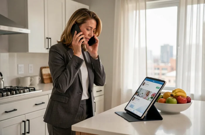Femme professionnelle multitâche utilisant une tablette et un téléphone pour rechercher un emploi flexible depuis chez elle