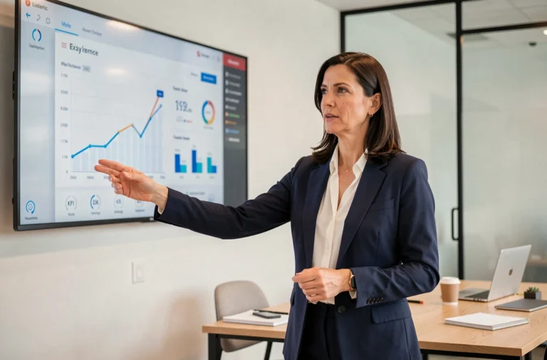 Femme professionnelle présentant un tableau de bord digital dans un bureau moderne, solutions numériques pour entreprise