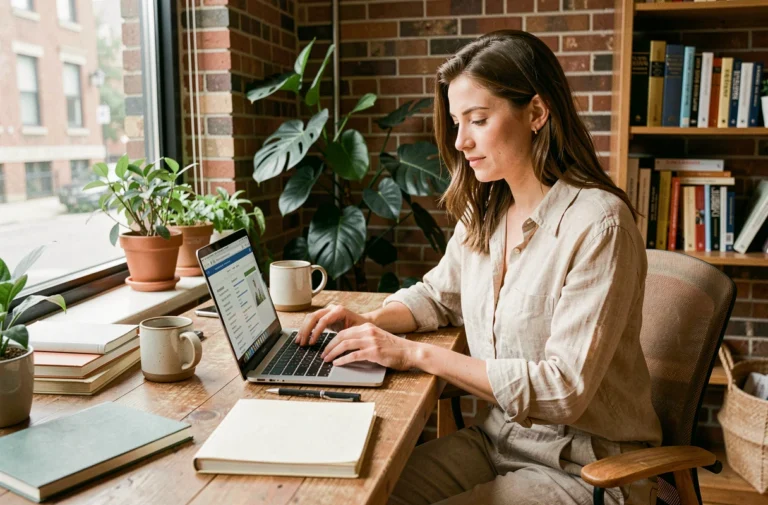 Femme travaillant depuis son bureau à domicile en recherchant des offres d'emploi flexibles sur un ordinateur portable