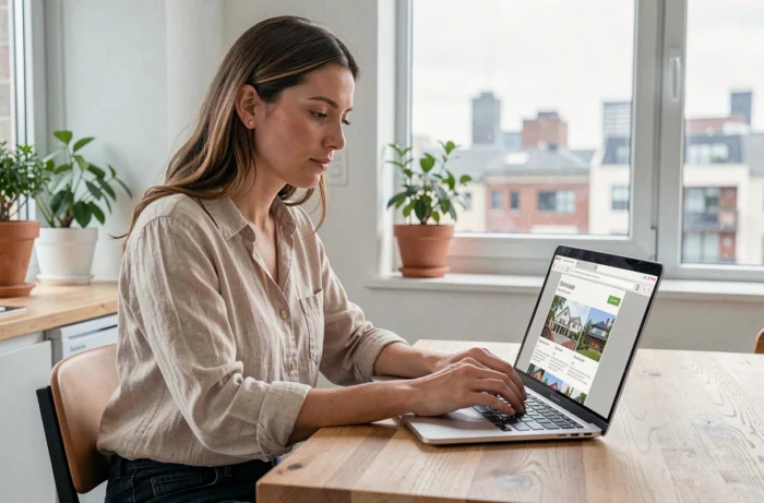 Femme cherchant une location immobilière sur son ordinateur portable dans un appartement moderne