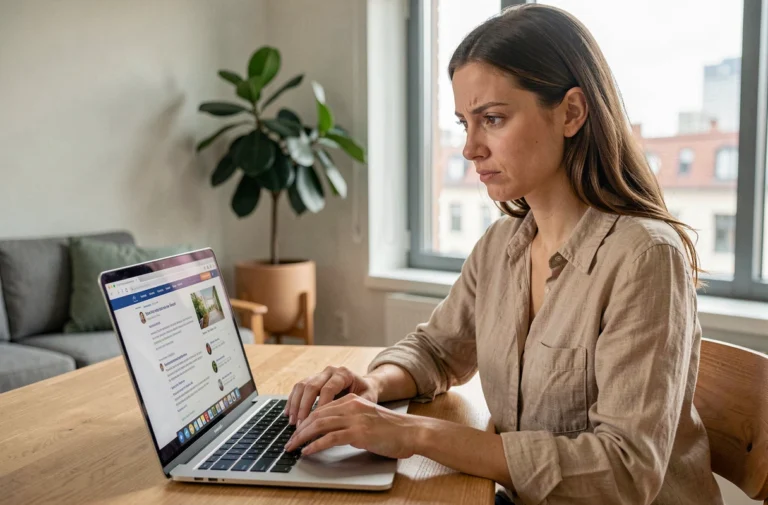 Femme consultant des avis sur une plateforme de location d'appartement sans agence depuis son domicile