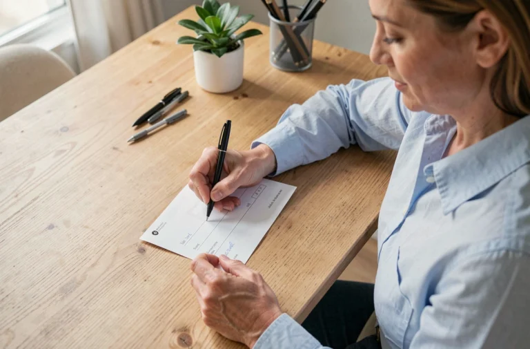 Femme remplissant un chèque de la Banque Postale à son bureau à domicile