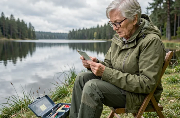 Femme senior examinant sa carte de pêche tarif senior près d'un lac, assise sur une chaise pliante avec une boîte à leurres ouverte