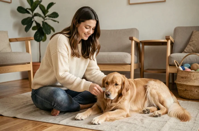 Jeune femme brossant son golden retriever dans un salon scandinave chaleureux, illustrant les soins quotidiens pour le bien-être des animaux de compagnie