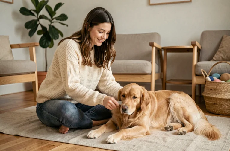 Jeune femme brossant son golden retriever dans un salon scandinave chaleureux, illustrant les soins quotidiens pour le bien-être des animaux de compagnie