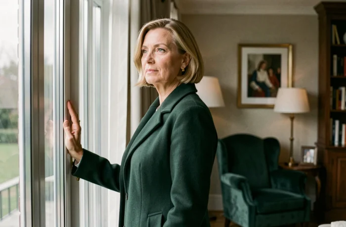 Femme sophistiquée en manteau vert structuré regardant par une fenêtre dans un intérieur élégant et discret, évoquant les secrets de la vie privée