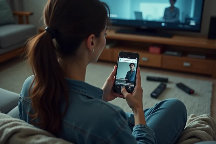 Femme vérifiant le lien redirigé d'un site de films sur son smartphone depuis son salon