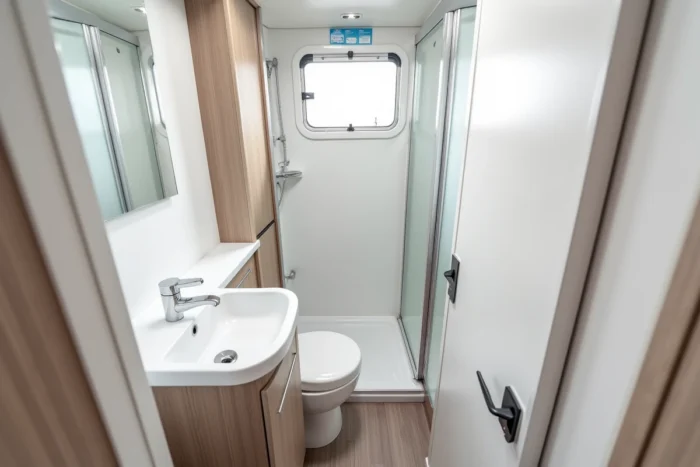 Salle d'eau intérieure de la caravane Fendt Bianco Activ 390 FHS avec douche, lavabo et WC dans un espace compact et bien agencé