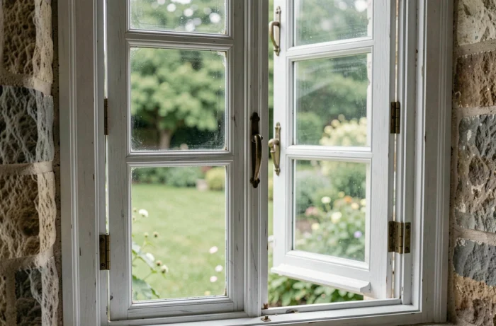 Fenêtres à double battant en bois sur-mesure installées dans une maison en pierre à la campagne française