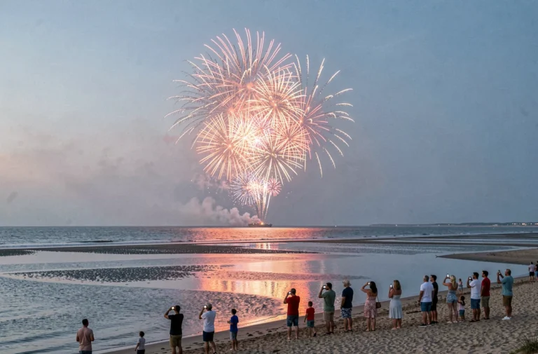 Feux d'artifice colorés reflétés sur l'océan Atlantique depuis la plage de l'île d'Oléron avec des familles en silhouette