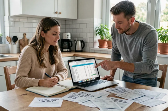 Un couple établit leur budget de mariage à la maison, entourés de devis imprimés et d'un tableur ouvert sur ordinateur portable.
