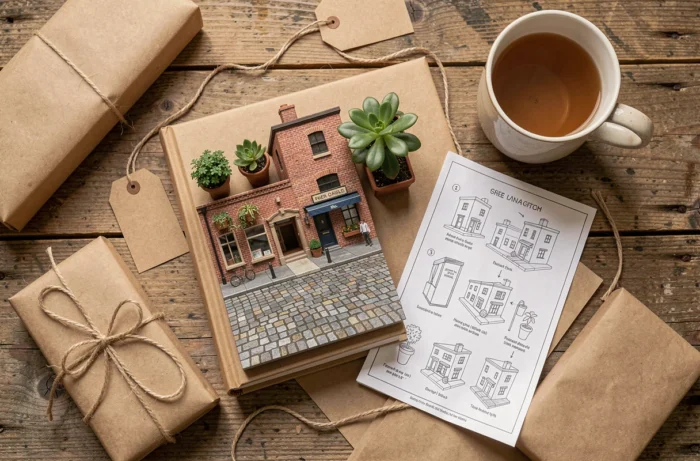 Flat lay d'un book nook miniature déballé comme cadeau avec accessoires et papier kraft sur table en bois