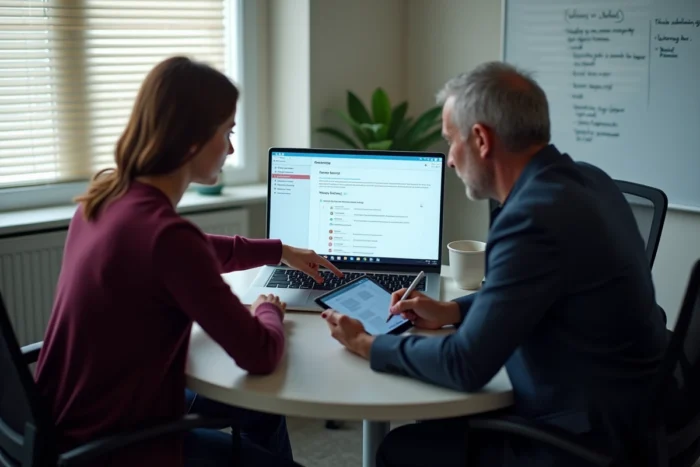 Deux collègues configurant ensemble un logiciel de gestion publique Berger Levrault dans une salle de réunion