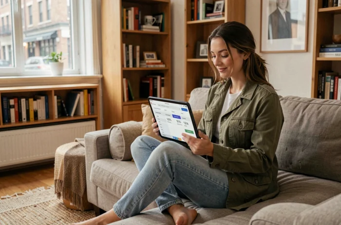 Jeune femme freelance analysant des mots clés sur tablette depuis son bureau à domicile