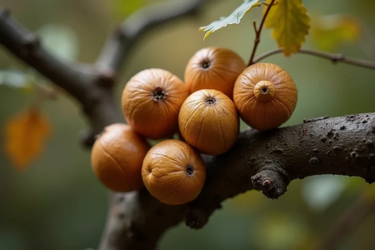 Galles de chêne sphériques sur une branche de chêne avec feuilles séchées, vue macro en forêt