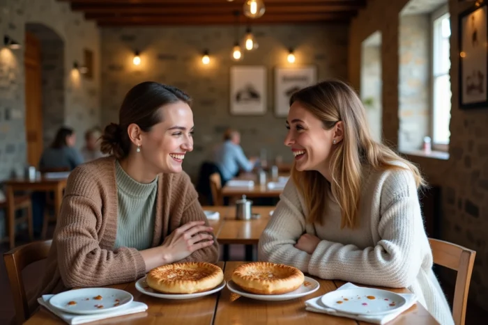 Deux femmes dégustant une galette de sarrasin et un kouign-amann dans une crêperie bretonne au décor authentique en pierre et bois