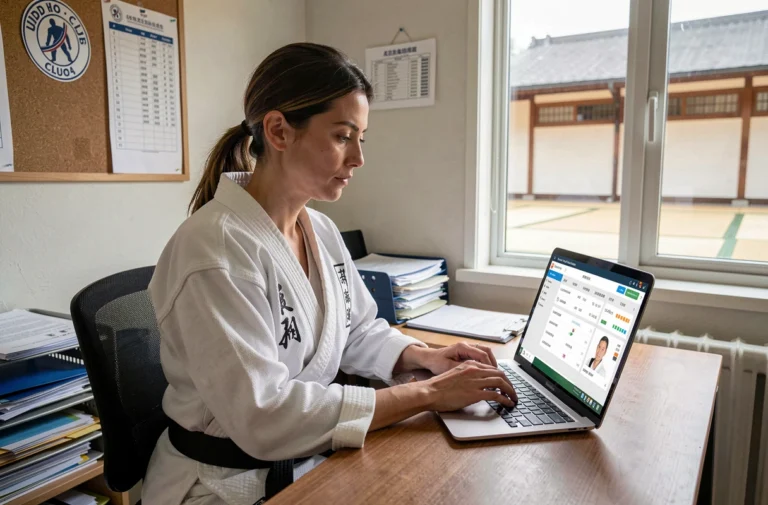 Responsable de club de judo gérant l'extranet FFJDA sur un ordinateur portable dans un bureau administratif
