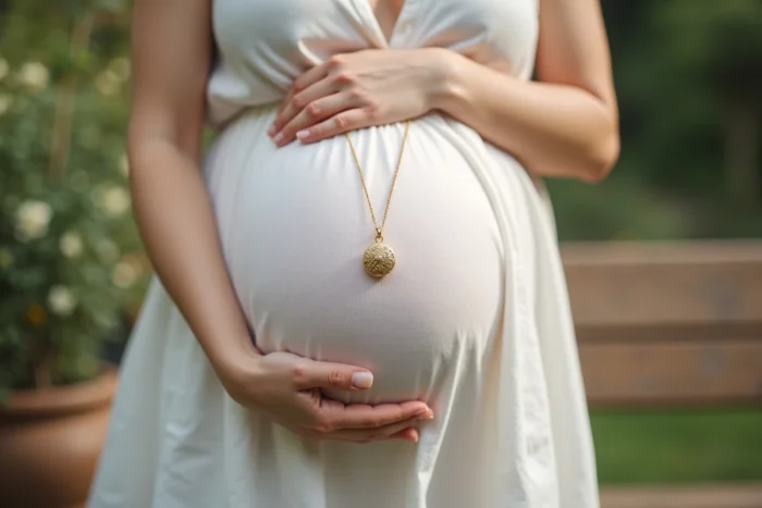 Gros plan d'un bola de grossesse Pandora en or sur un ventre de femme enceinte
