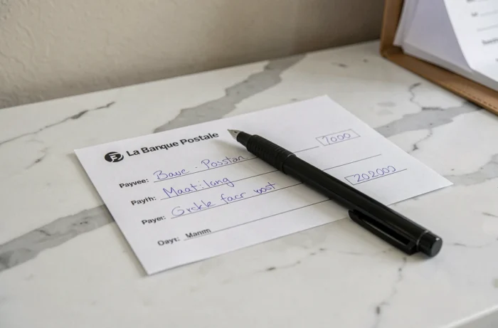 Gros plan d'un chèque de la Banque Postale rempli posé sur un comptoir blanc