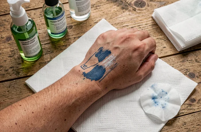 Gros plan d'un avant-bras avec un stencil de tatouage partiellement retiré posé sur une serviette blanche, avec des produits de nettoyage disposés autour