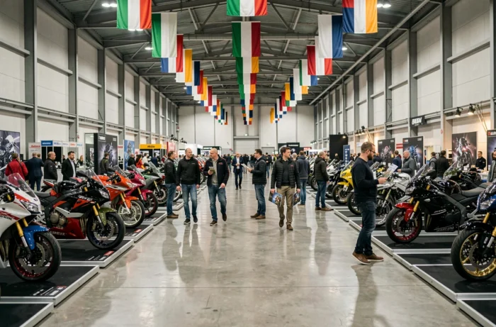 Vue panoramique du hall d'exposition du Salon de la Moto de Milan avec des motos de différentes marques