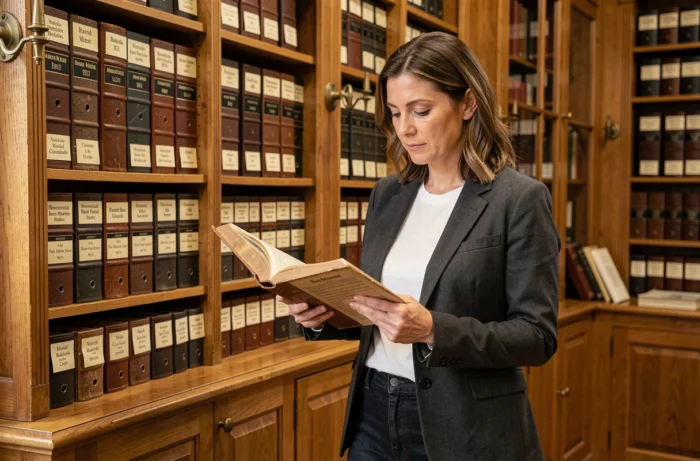 Femme consultant des registres d'état civil anciens dans une archive française, illustrant l'histoire et l'origine du prénom Lucie