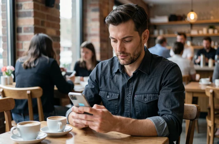 Homme adulte consultant une application de rencontre sur son smartphone dans un café urbain