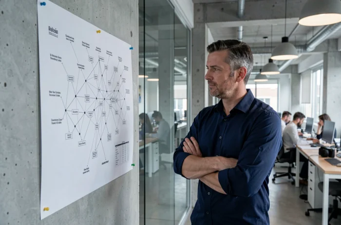 Homme analysant un plan de site imprimé affiché sur une cloison en verre dans un espace de travail ouvert
