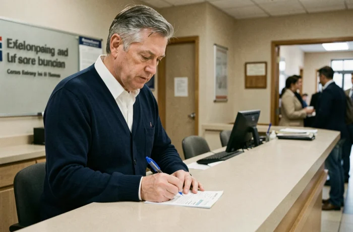 Homme complétant un chèque à un guichet de la Banque Postale