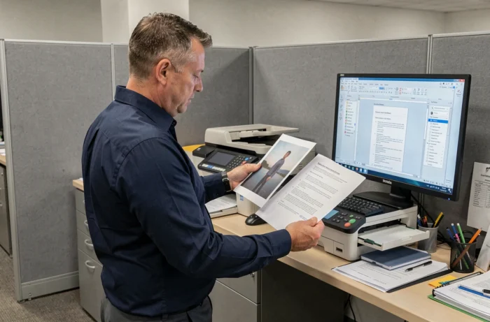Homme en bureau comparant deux feuilles imprimées dont une en miroir devant une imprimante et un écran Word