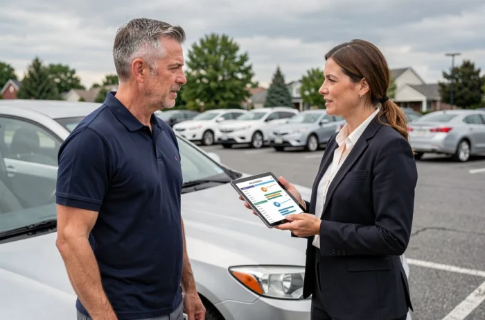 Homme discutant des garanties d'assurance auto avec un conseiller professionnel