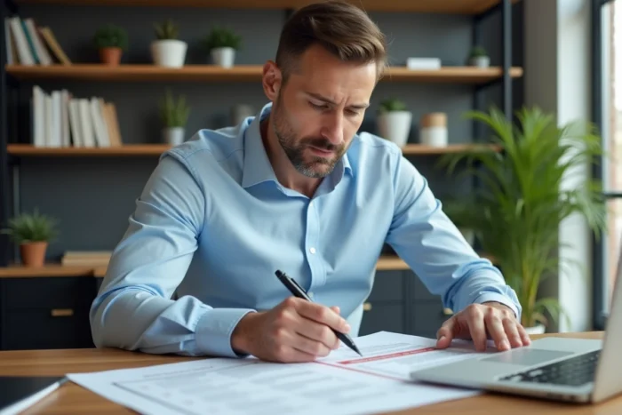 Homme consultant son contrat d'assurance emprunteur à son bureau à domicile