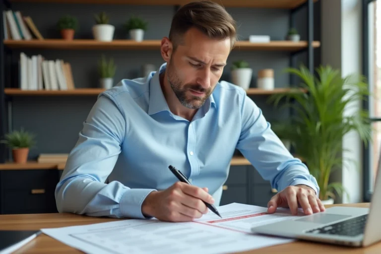Homme consultant son contrat d'assurance emprunteur à son bureau à domicile