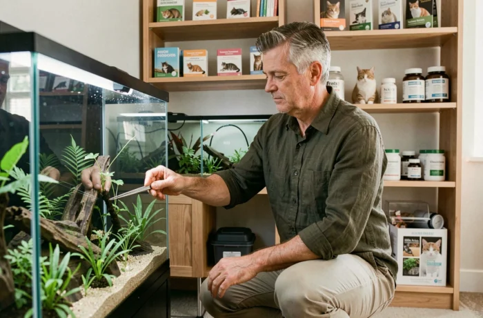 Homme passionné entretenant un aquarium domestique avec soin, mettant en avant les accessoires essentiels pour le bien-être des poissons et animaux aquatiques