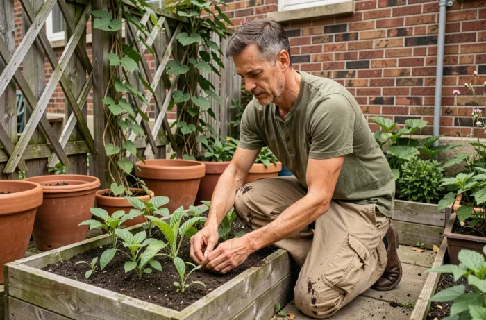 Homme jardinant dans un potager urbain, symbole de reconnexion à la nature et de bien-être au quotidien