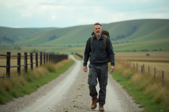 Homme marchant sur un chemin de campagne avec sac à dos, illustrant une longue randonnée pédestre de 100 000 pas