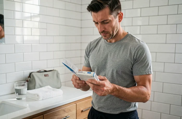 Homme lisant la notice d'un laxatif dans une salle de bain moderne et lumineuse