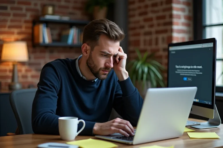 Homme utilisant un ordinateur portable pour trouver des alternatives à Gozmap après une panne d'accès en 2026