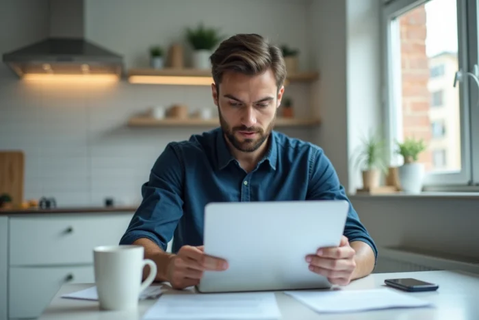 Homme recherchant le code spécifique Visale sur un courrier Action Logement devant son ordinateur portable