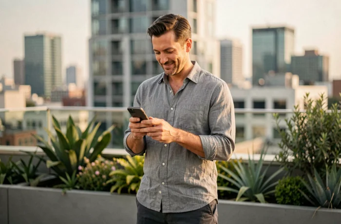 Homme consultant son smartphone en extérieur pour gérer sa communauté digitale et booster sa visibilité en ligne