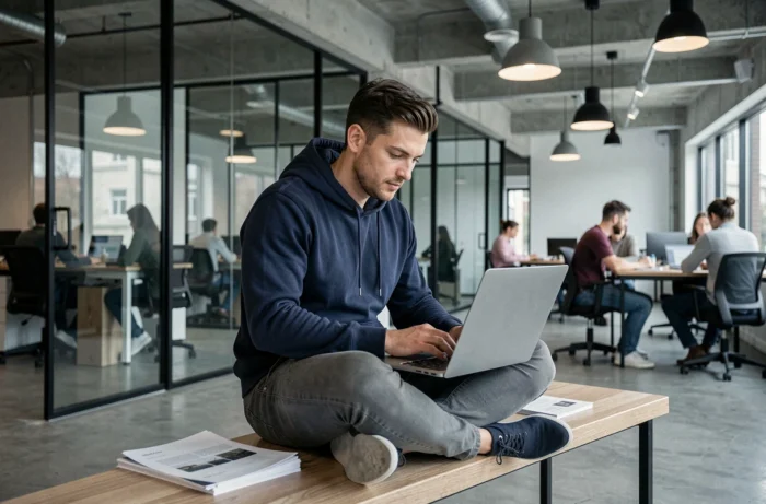 Homme travaillant de manière indépendante dans un espace de co-working moderne avec un ordinateur portable et des documents