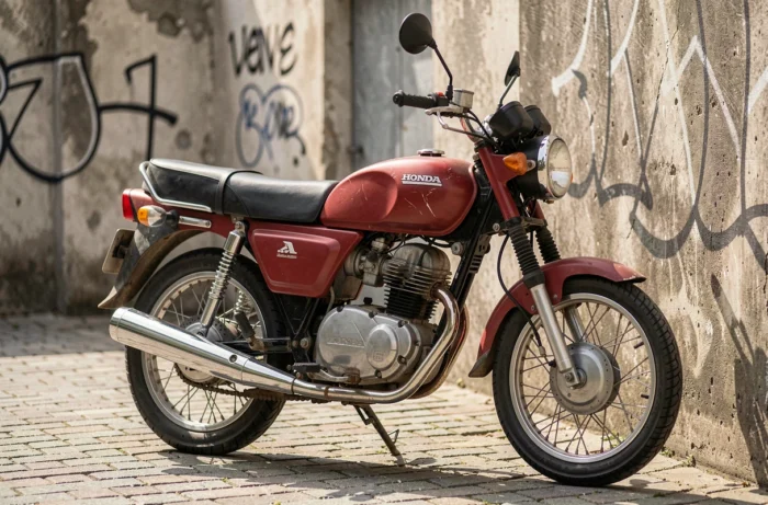 Honda Dax 125 d'occasion en bon état garée dans une cour urbaine, vue en 3/4 avec détails chromés visibles