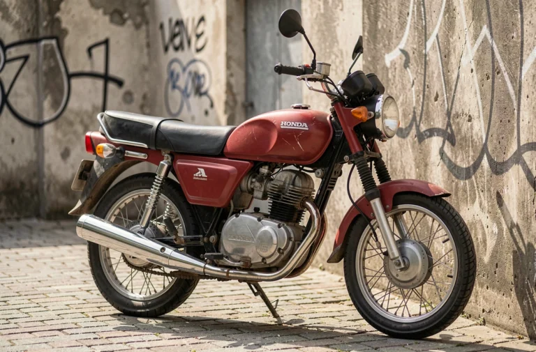 Honda Dax 125 d'occasion en bon état garée dans une cour urbaine, vue en 3/4 avec détails chromés visibles
