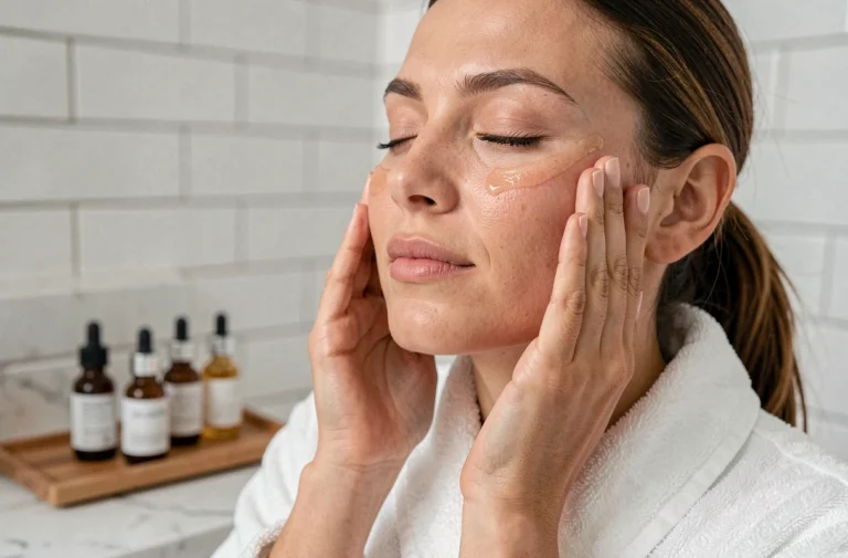 Femme appliquant une huile de massage visage sur ses joues dans une salle de bain minimaliste